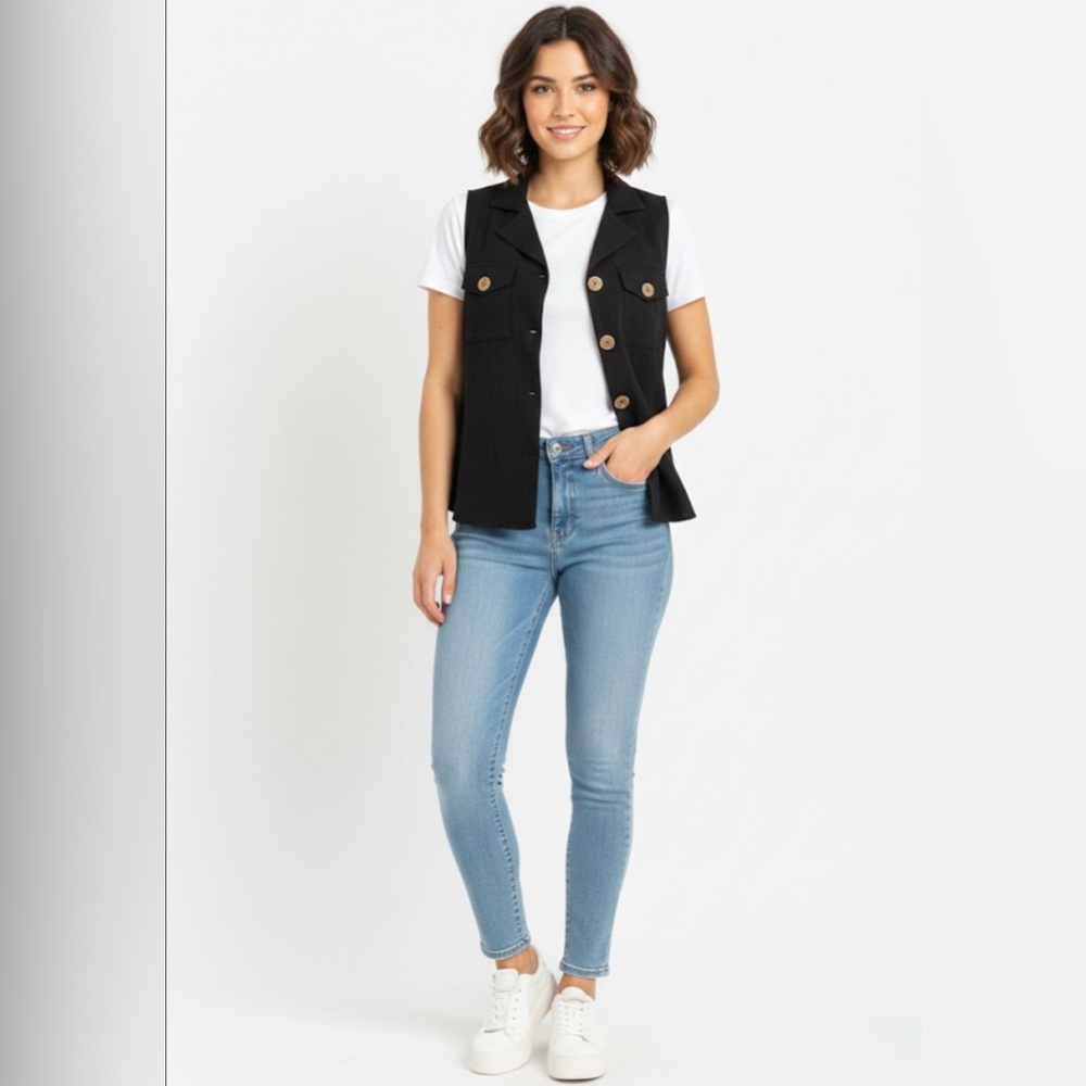 E & M Sleeveless Utility Vest / Button-Down Top - Black (Small)